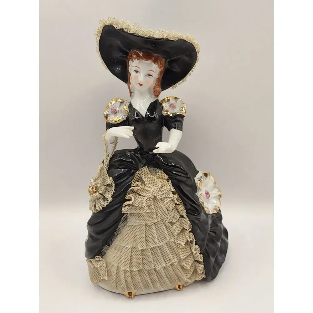 Vintage Porcelain Lace Lady Figurine Black Dress Flowers Purse Damaged Pinky